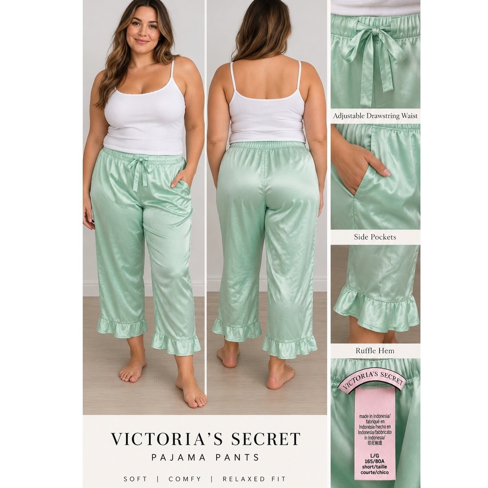 Victoria's Secret Mint Green Satin Ruffle Hem Pajama Pants Large Short